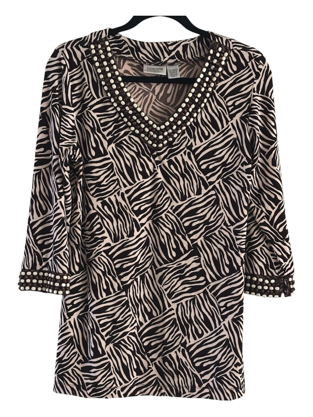 Chicos Travelers Beaded Zebra Print Tunic Top Knit V-Neck 3/4 Sleeve Sz 1 (M)
